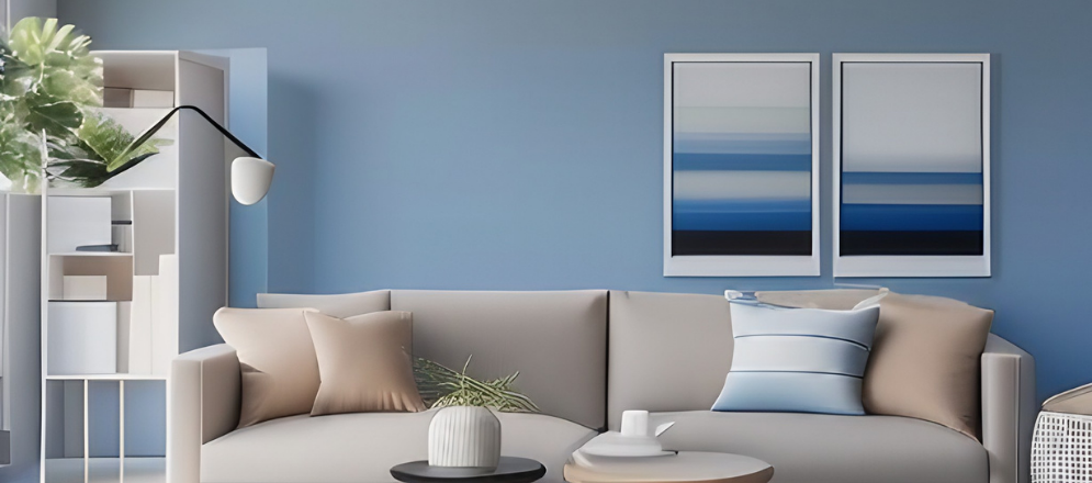 Blue & neutral living room colour combination - Asian Paints