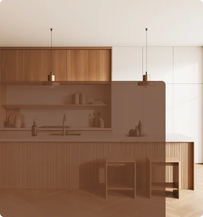 A kitchen with wooden cabinetry, chairs, and floor. Asian Paints Premium range wood coating.