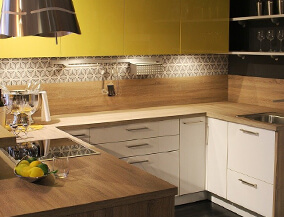 Modern Indian kitchen with backsplash pattern & yellow cabinets - Asian Paints