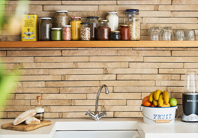 Wooden kitchen backsplash tiles with open shelving - Asian Paints