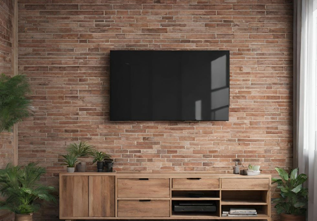 TV cabinet design on brick wall - Asian Paints