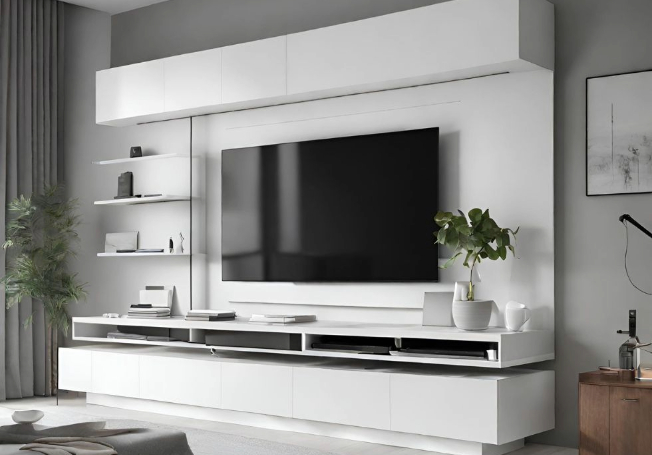 Sleek white tv cabinet design - Asian Paints