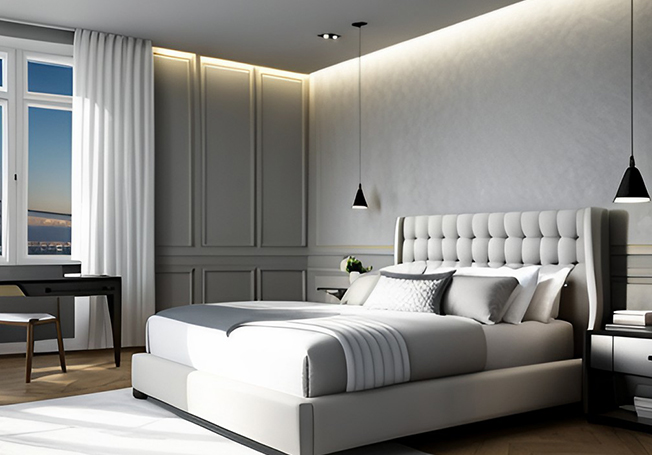 White & grey master bedroom colour combination ideas- Asian Paints