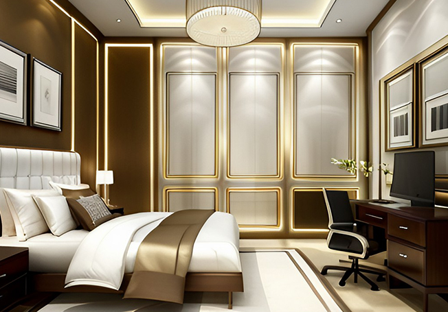 Sleek gold master bedroom colour combination ideas- Asian Paints