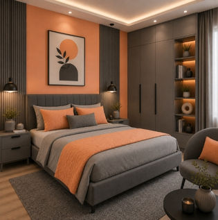 Cantaloupe and Smoke Grey Bedroom Interior
