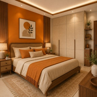 Gamboge Orange and Beige Bedroom Colour Combination