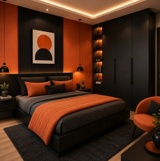 Persimmon Orange and Matte Black Bedroom Design