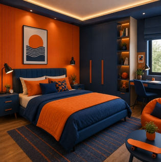 Tangerine Orange and Prussian Blue Bedroom Design
