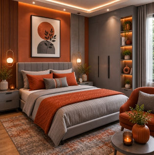 Terracotta and Silver Grey Bedroom Design