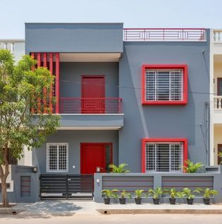 Grey and Red Modern House Exterior