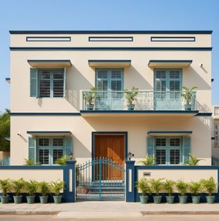 Cream, Teal and Navy Blue House Exterior