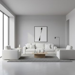 Contemporary living room with grey walls and white décor