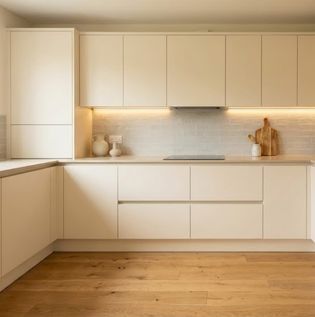 Cream Cabinets with Wooden Flooring
