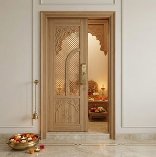 Fibre Pooja Room Door Design with Graceful Detailing