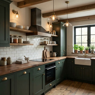 Rustic Dark Green Kitchen with Warm Accents