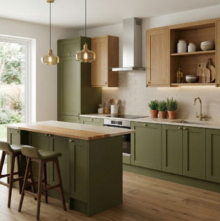 Elegant Olive Green Kitchen with Wooden Touches