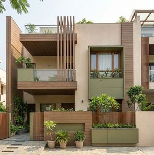 Brown, Green, and Beige Home Front Elevation