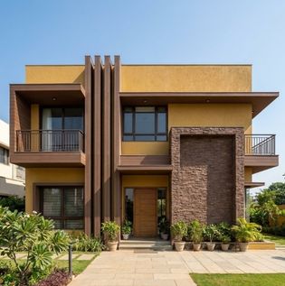Mustard Yellow and Brown Home Front Elevation