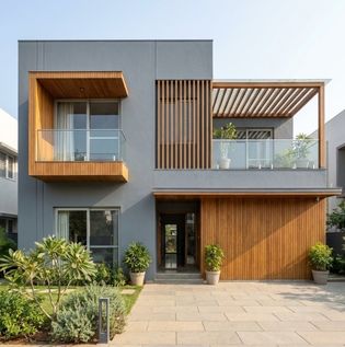 Slate Grey and Wooden Accents Home Front Elevation