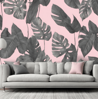 Tropical Leaves Pink and Grey Wallpaper - Asian Paints