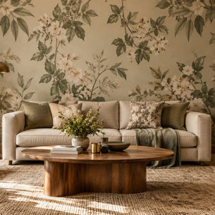 Harmonious Living Room Blending Patterned Wallpaper with Modern Décor