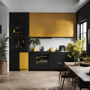 Mustard Yellow Black Kitchen - Asian Paints