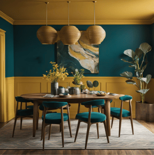Mustard Yellow Teal Dining Room - Asian Paints