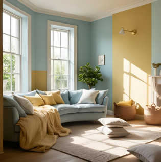 Pastel Blue and Light Mustard Living Room Colour Combination - Asian Paints