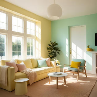 Pastel Yellow and Cool Mint Living Room Colour Combination - Asian Paints