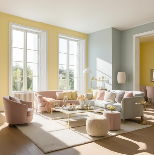 Pastel Yellow and Sky Grey Living Room Colour Combination - Asian Paints