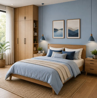 Balanced Bedroom Design with Blue Walls and Wood