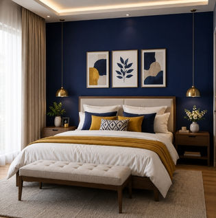 Bold Indigo Feature Wall with Bright Bedroom Accents