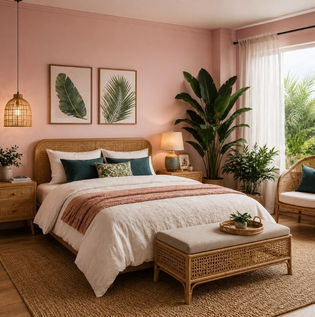 Soft Pink Bedroom Wall Colour with Tropical Decor
