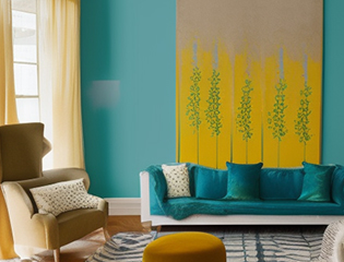 Teal & mustard yellow pop colour design for living room - Asian Paints