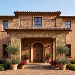 Tuscan Villa-Inspired Portico with Stone Pillars