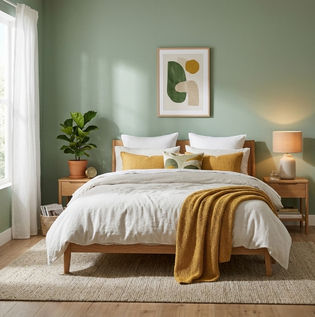 Warm Mustard and Green Bedroom Combination