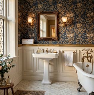 Wallpaper with Wall Panelling for Classic Bathroom Style