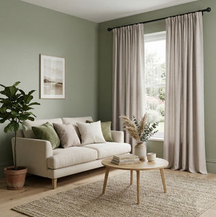 Pale Taupe Curtains with Green Wall Décor