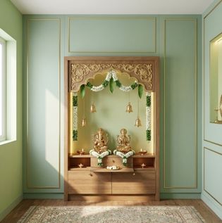 Green and Gold Combination for Pooja Room
