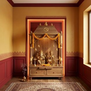 Yellow and Red Combination for Pooja Room