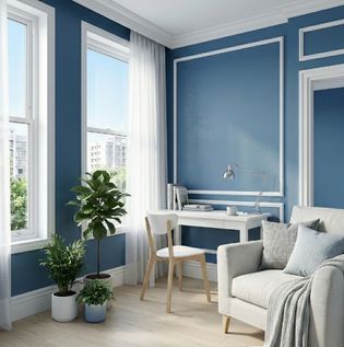 Blue Walls with Cool White Trim for a Fresh Ambience