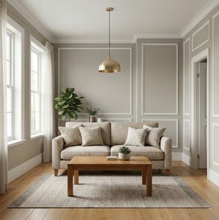 Greige Walls with Crisp White Trim for Warm Sophistication