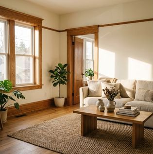 Neutral Walls with Natural Wood Trim for Earthy Warmth