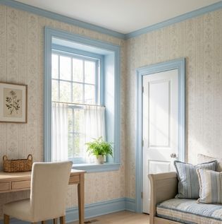 Patterned Walls with Light Blue Trim for Playful Charm