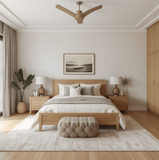 White Butter and Natural Wood Tone Bedroom Combination