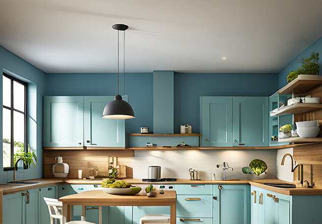 Lovely light blue modular kitchen design - Asian Paints