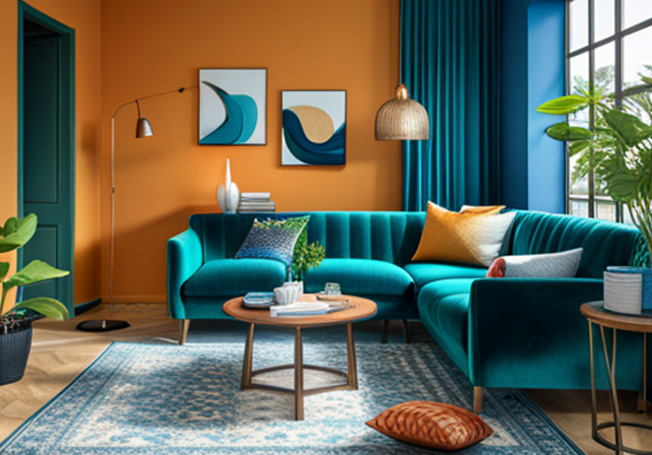 Orange & blue Indian living room colour combination - Asian Paint