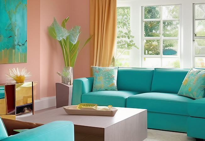 Peach & aqua colour combination for a beach vibe living room – Asian Paints