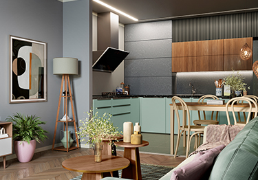 Grey Modular Kitchen Design with an Adjacent Living Room