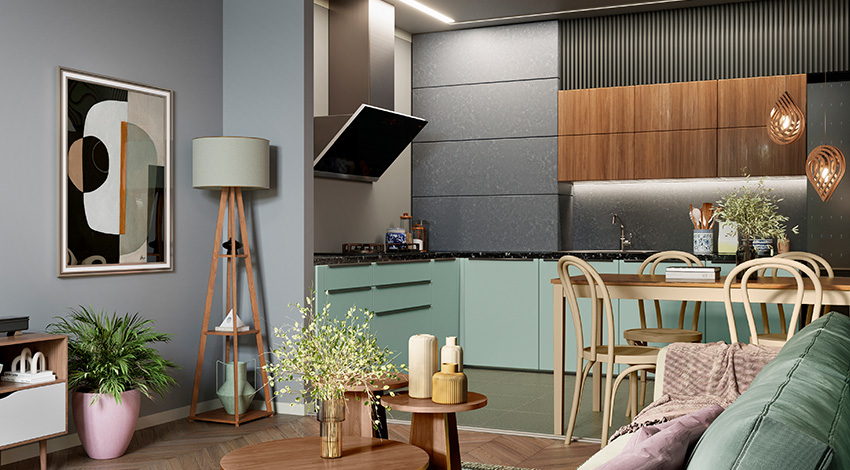 Grey-Modular-Kitchen-Design-with-an-Adjacent-Living-Room